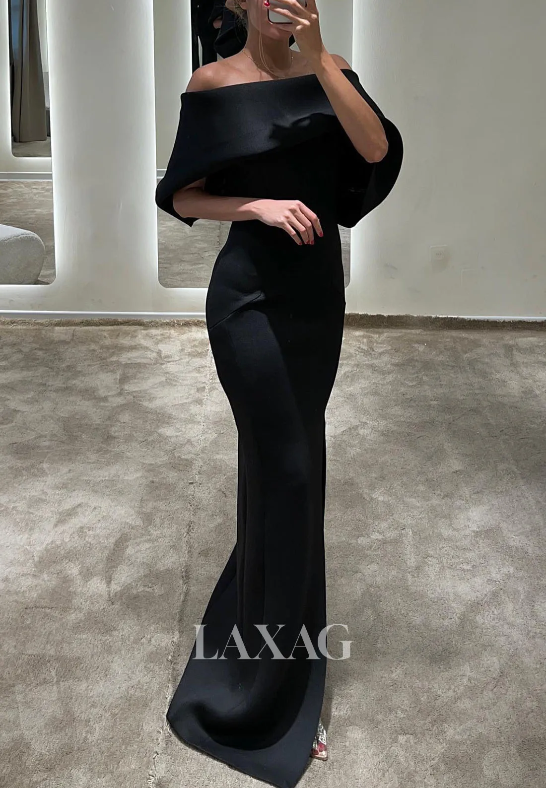 23166 - Off Shoulder Sleek Satin Elegant Party Prom Formal Evening Dress with Slit