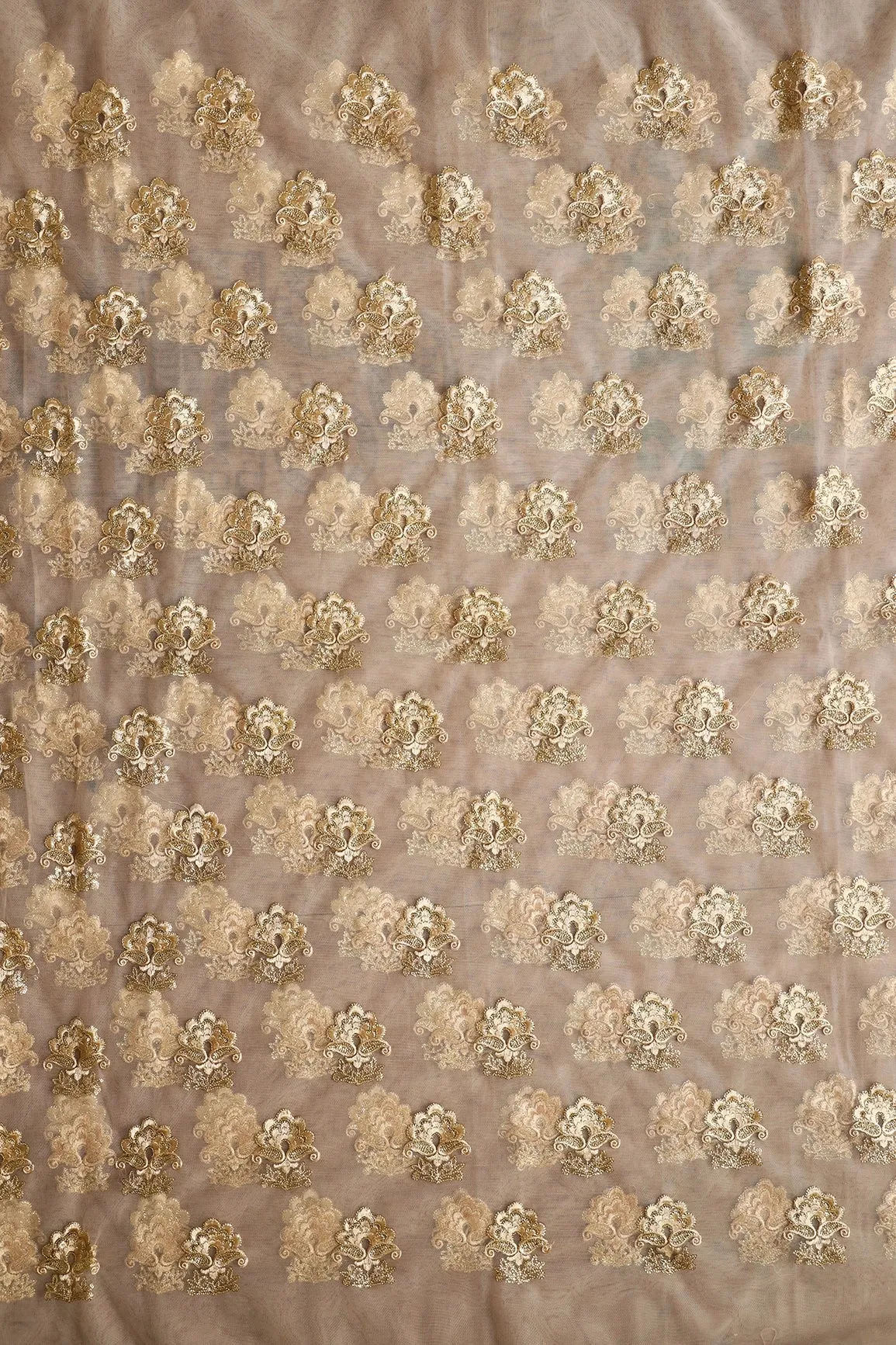 3.25 Meter Cut Piece Of Beige Thread With Gold Sequins Floral Embroidery On Beige Soft Net Fabric