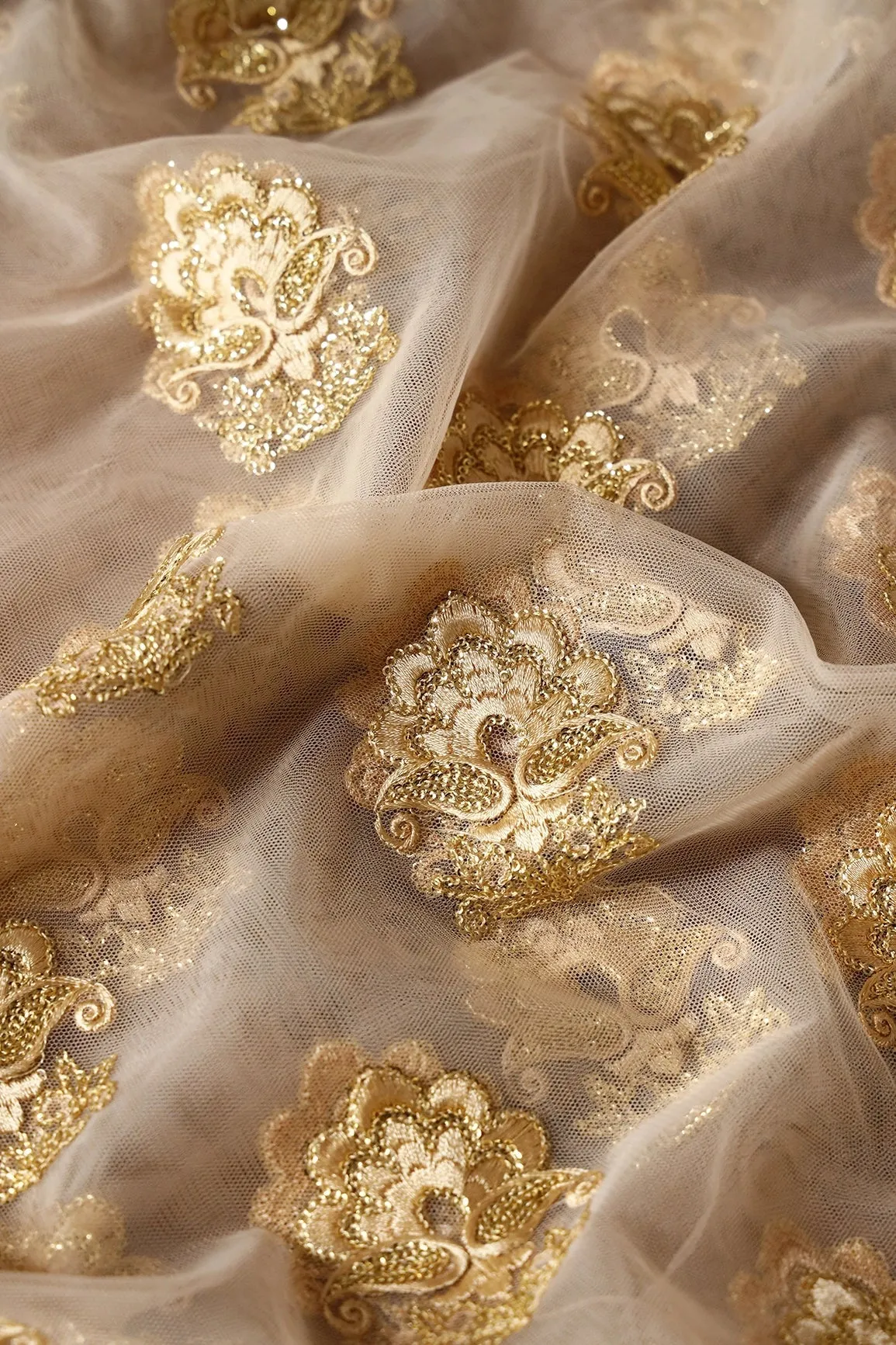 3.25 Meter Cut Piece Of Beige Thread With Gold Sequins Floral Embroidery On Beige Soft Net Fabric