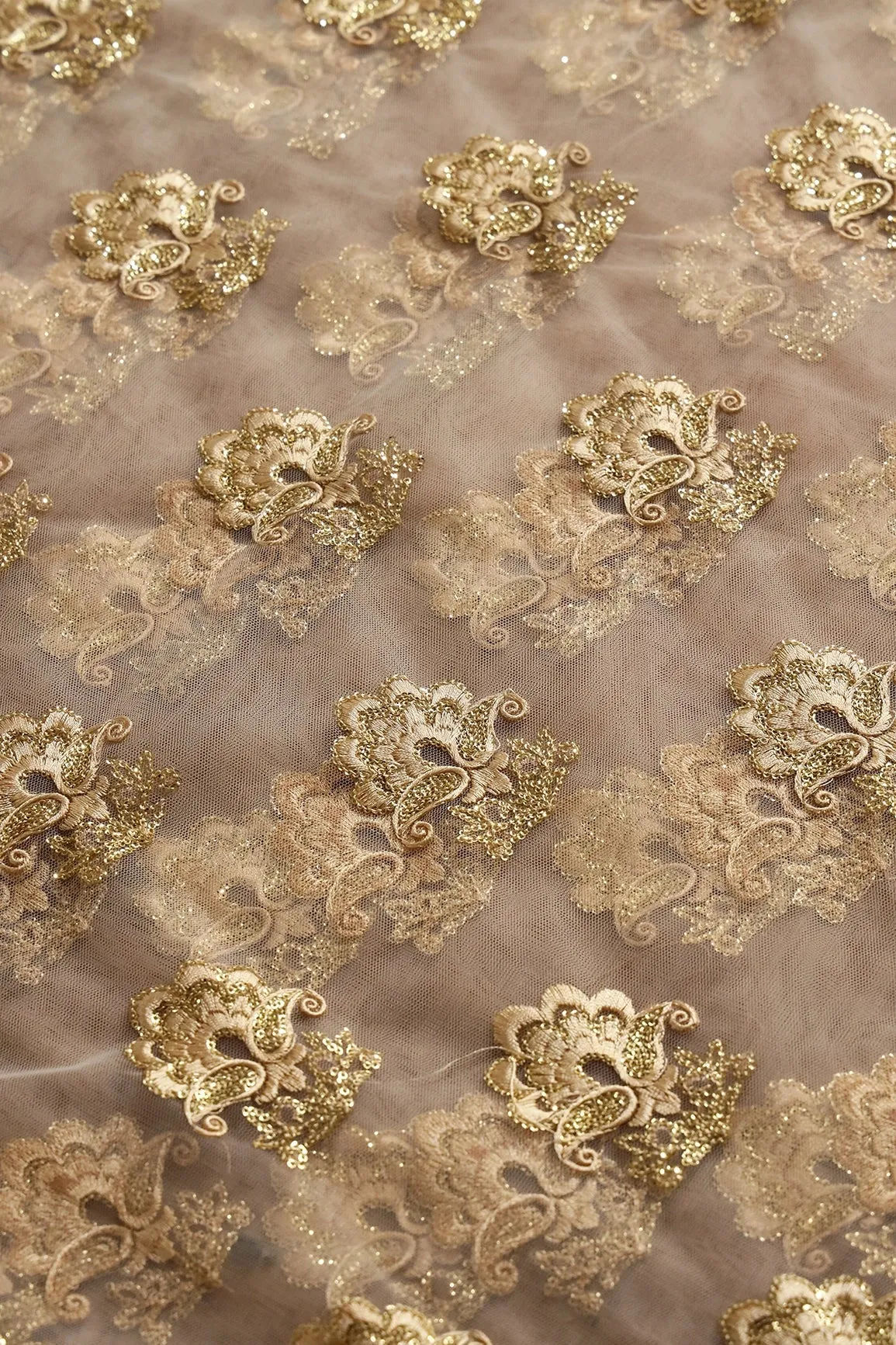 3.25 Meter Cut Piece Of Beige Thread With Gold Sequins Floral Embroidery On Beige Soft Net Fabric