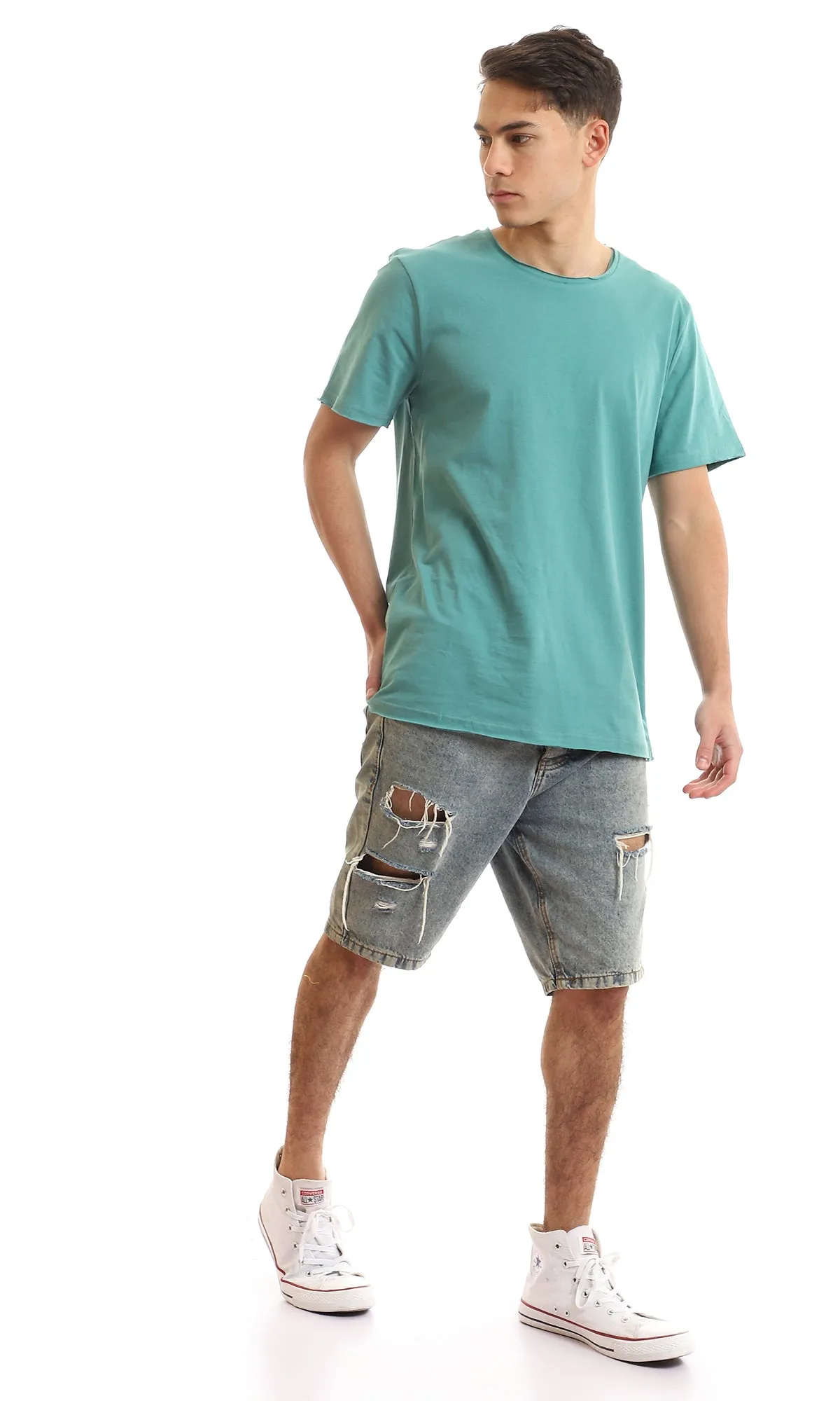 97699 Round Collar Basic Aquamarine Green Slip On T-Shirt