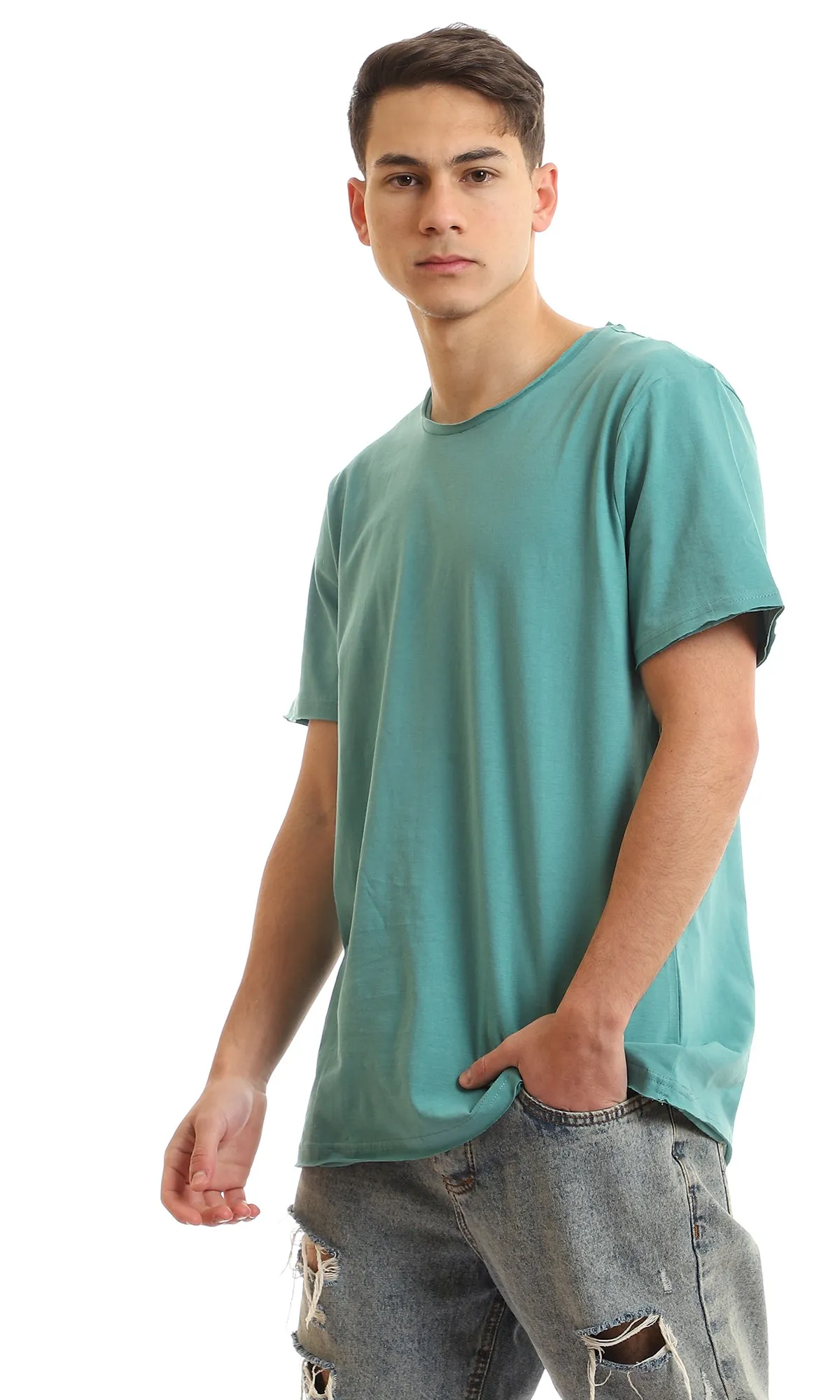 97699 Round Collar Basic Aquamarine Green Slip On T-Shirt