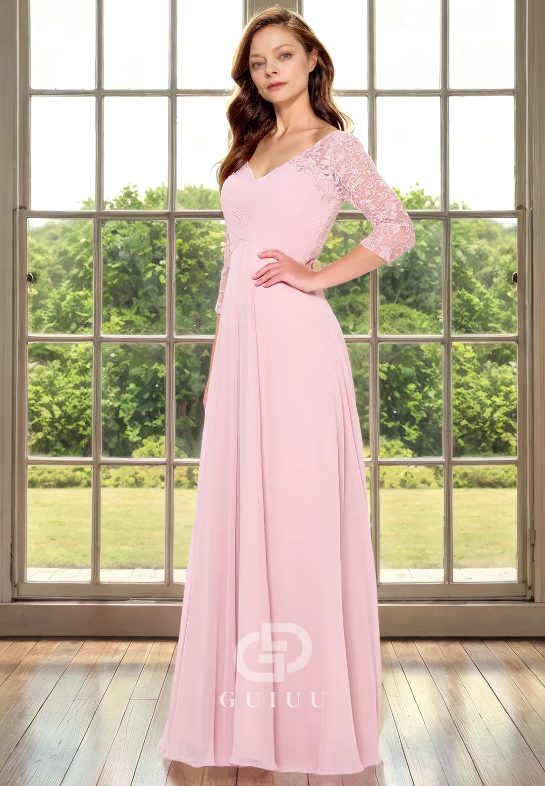 A-Line V Neck Detachable 34 Length Sleeves Mother of Bride Dress