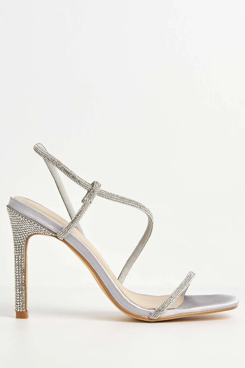 Astera Diamante Embellished Stiletto Heeled Sandals in Silver Satin