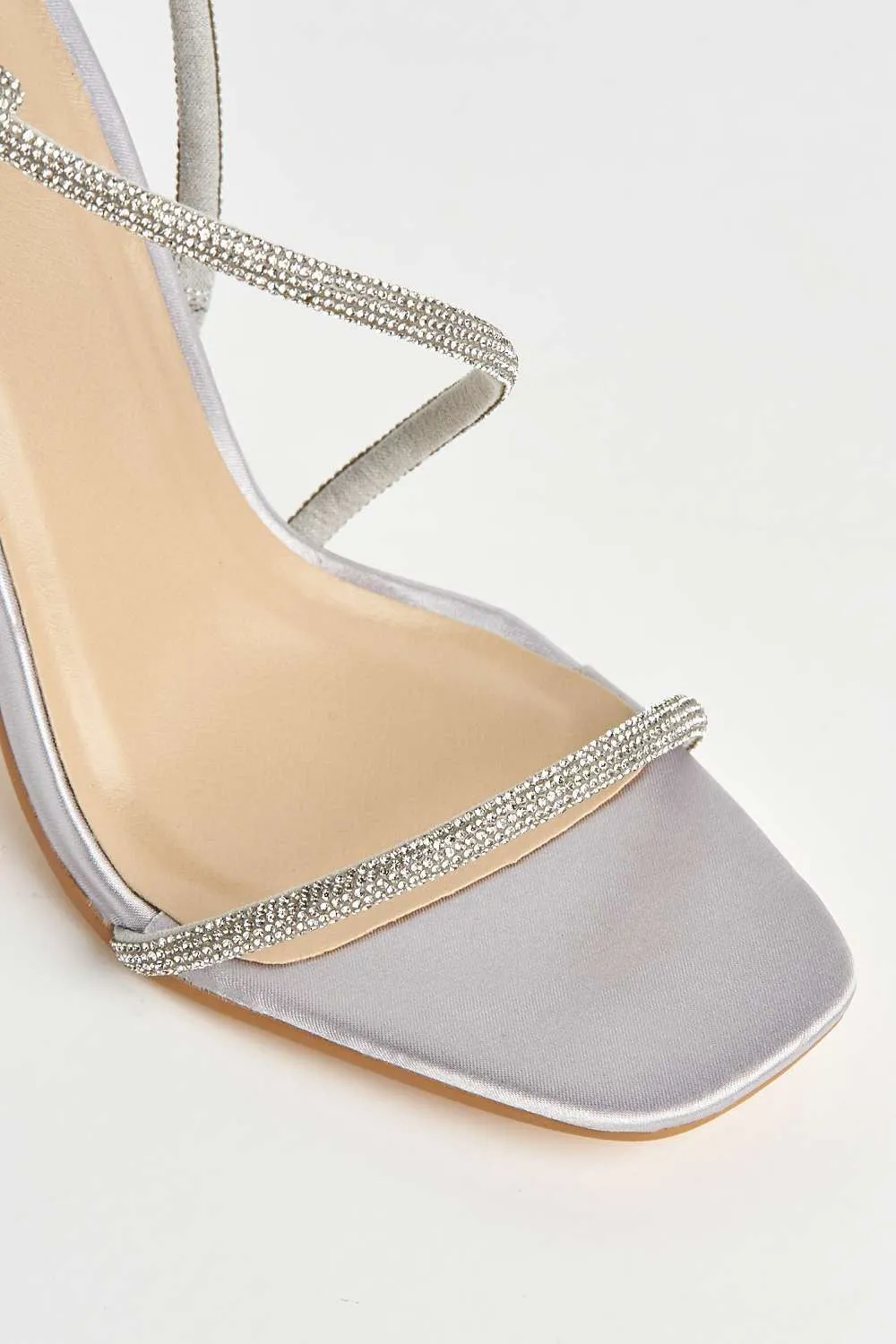 Astera Diamante Embellished Stiletto Heeled Sandals in Silver Satin