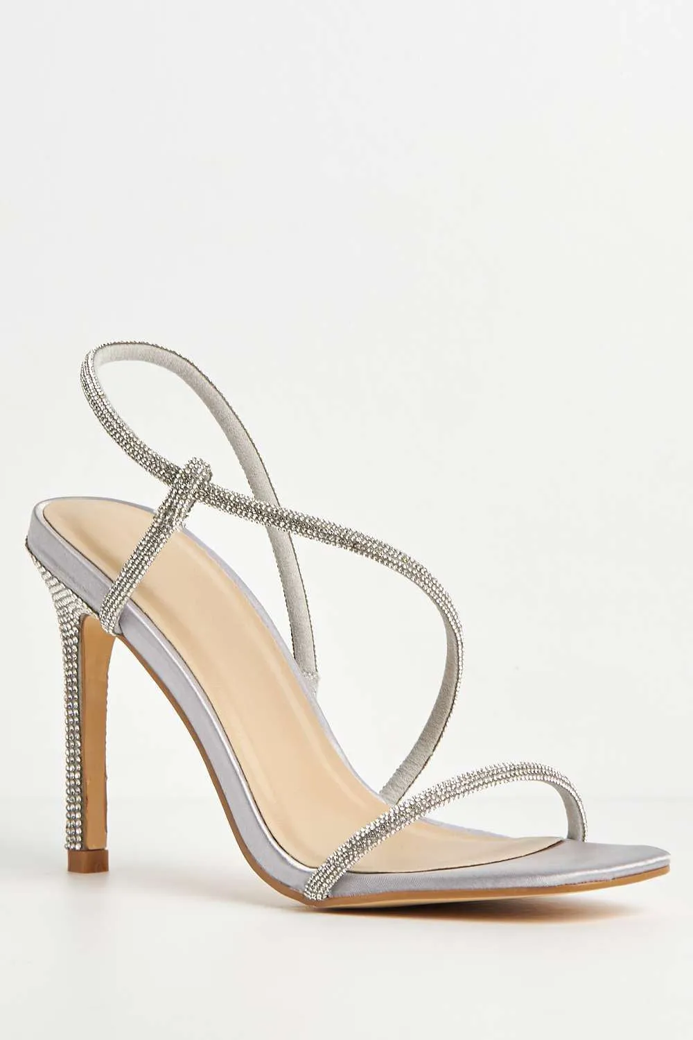 Astera Diamante Embellished Stiletto Heeled Sandals in Silver Satin