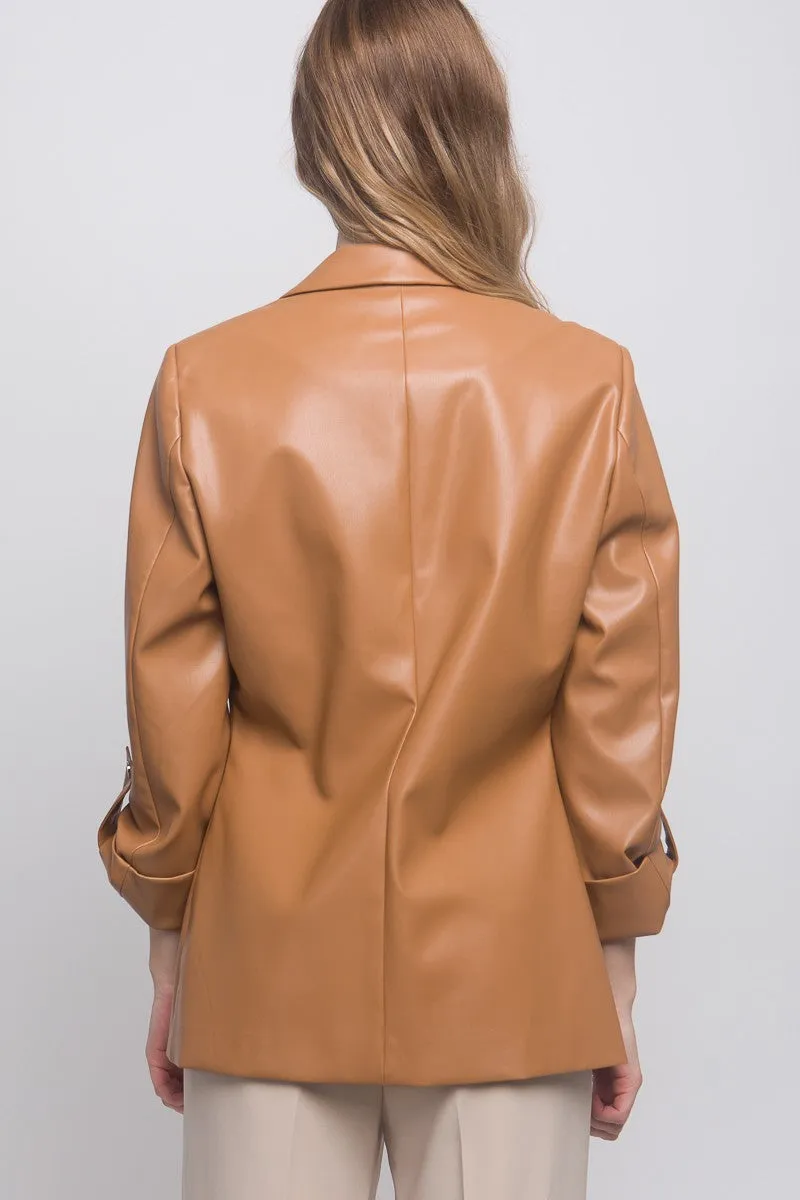 Camel Pleather Roll Up Sleeve Blazer