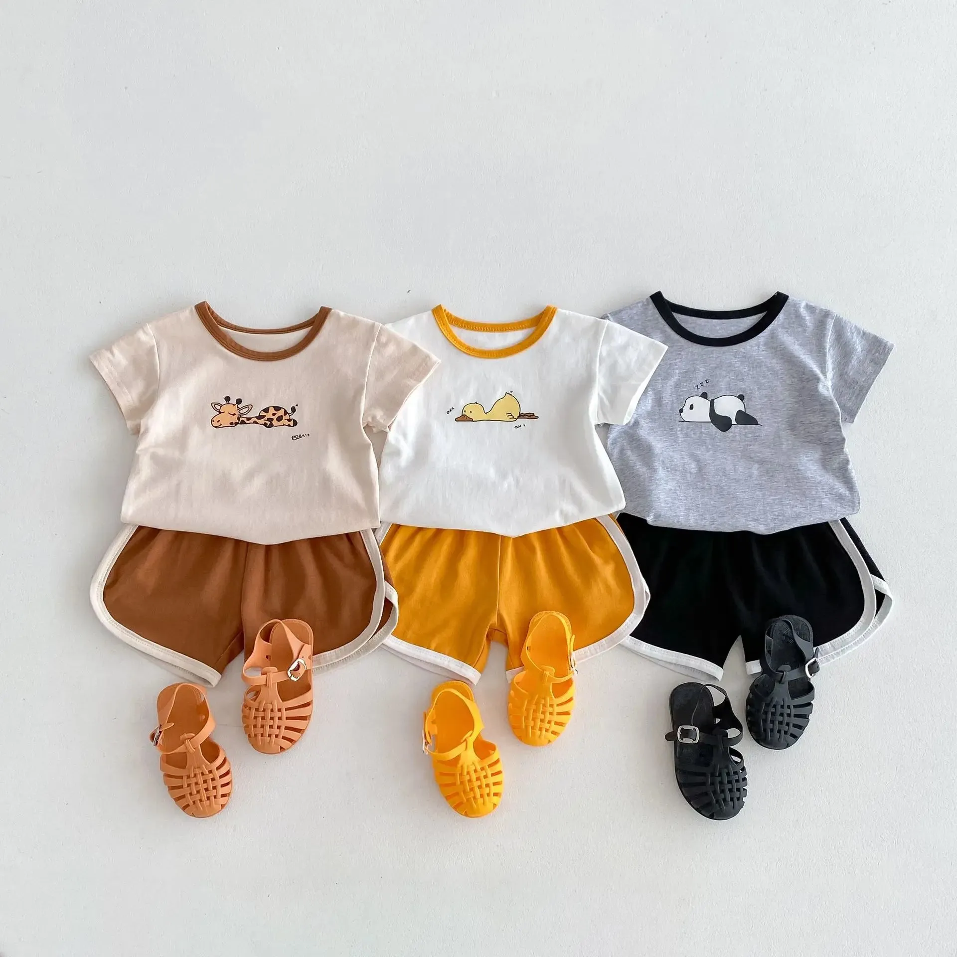 Cartoon Animal Print Casual Shorts & Tee Set