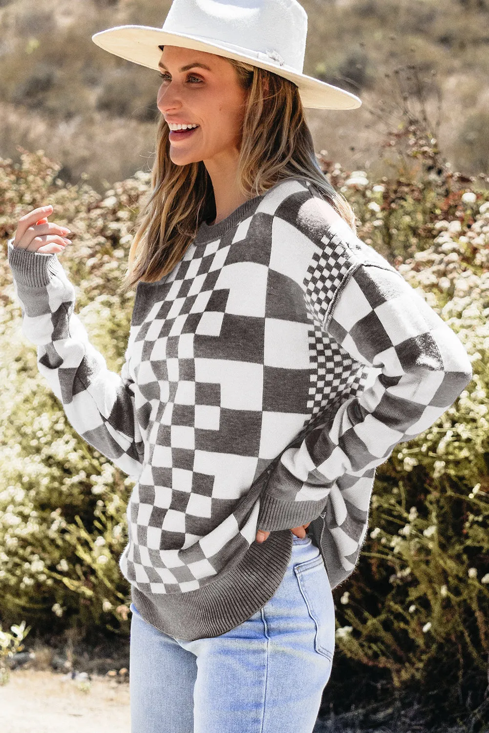 Checkered Drop Shoulder Sweater