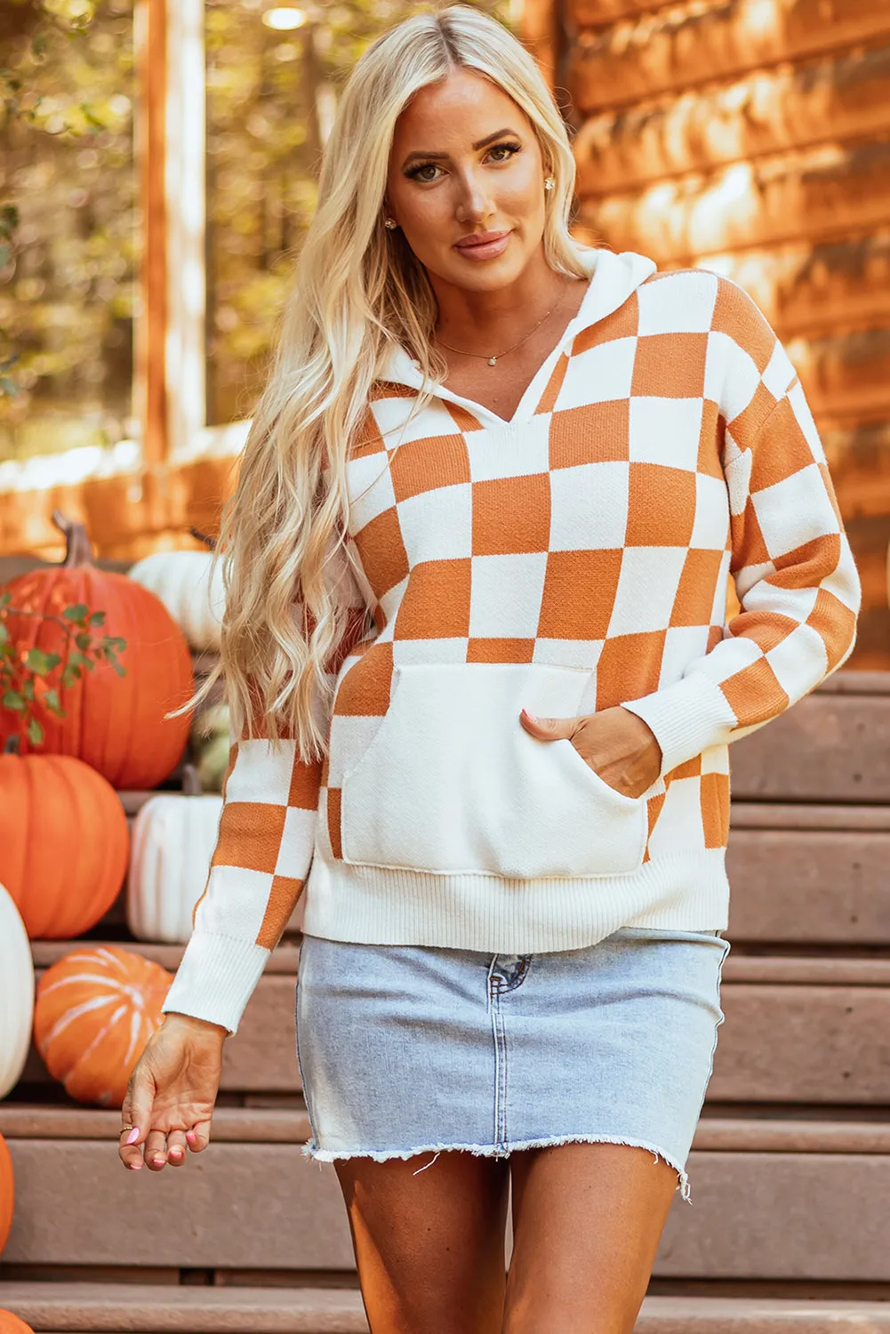 Checkered Kangaroo Pocket Hooded Sweater