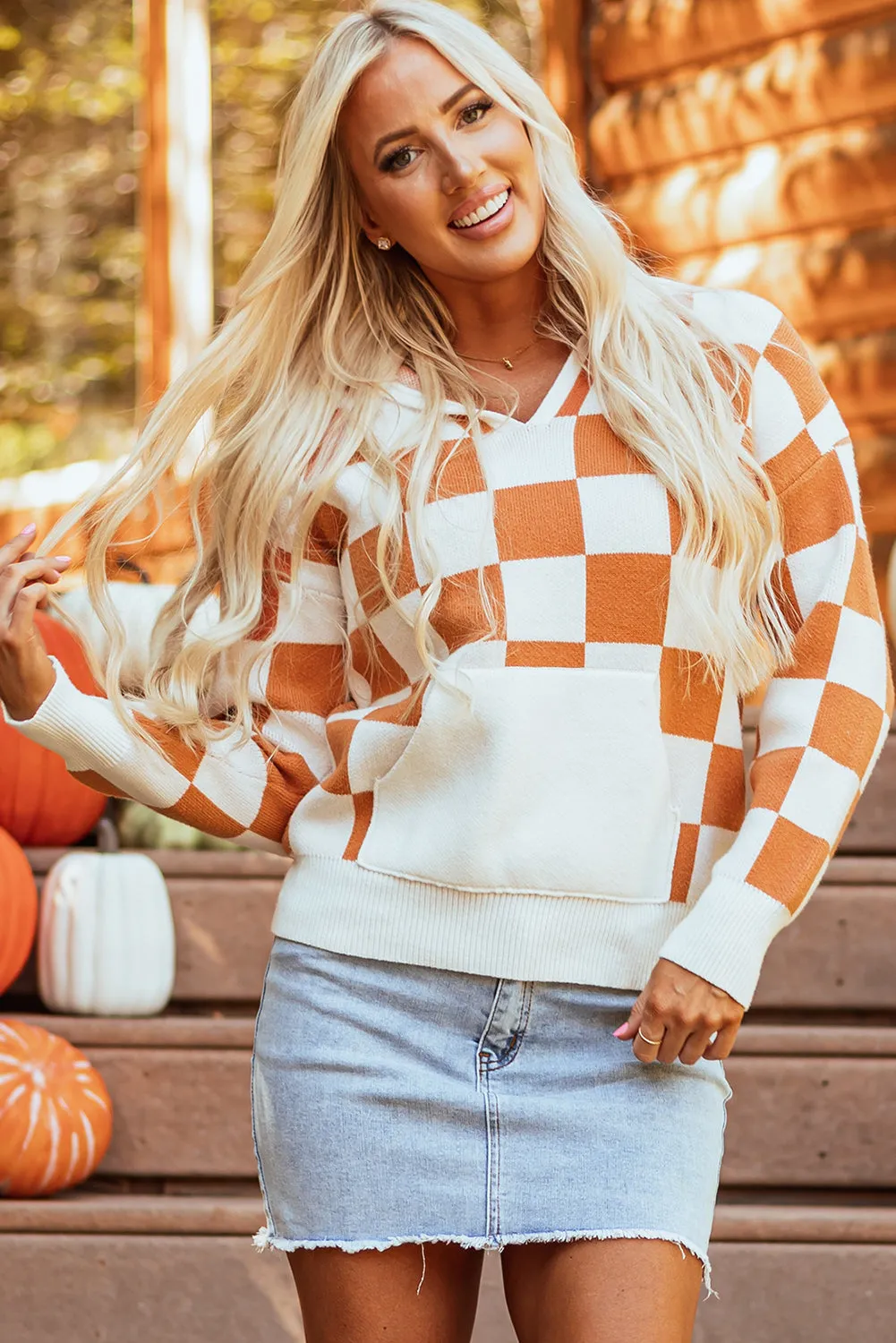 Checkered Kangaroo Pocket Hooded Sweater