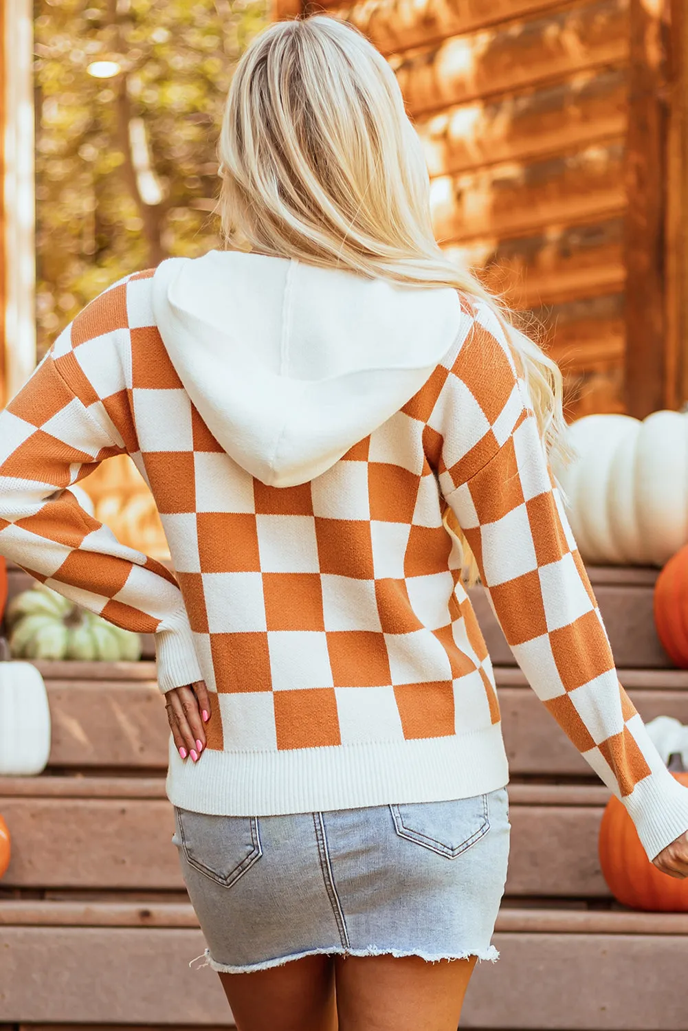 Checkered Kangaroo Pocket Hooded Sweater