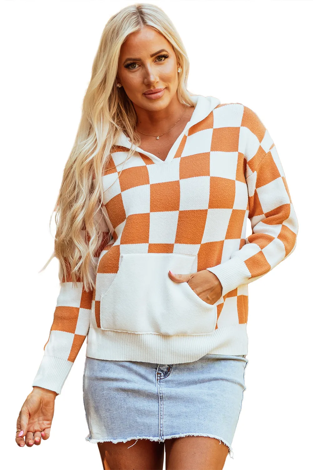 Checkered Kangaroo Pocket Hooded Sweater