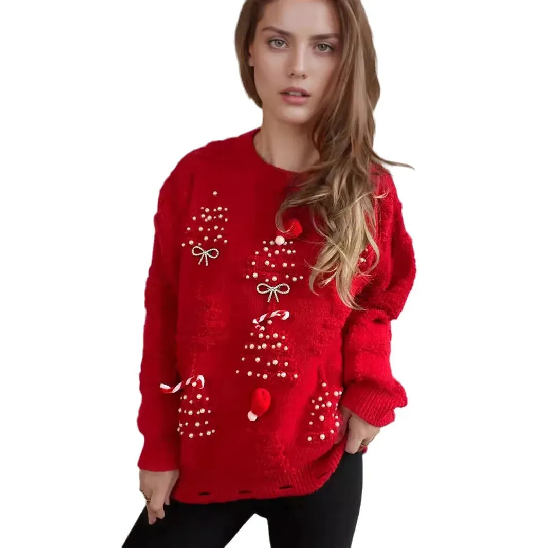 Chic Stylish Cozy Casual Warm Comfortable Korean O-Neck Christmas Bow Jumper Sweater