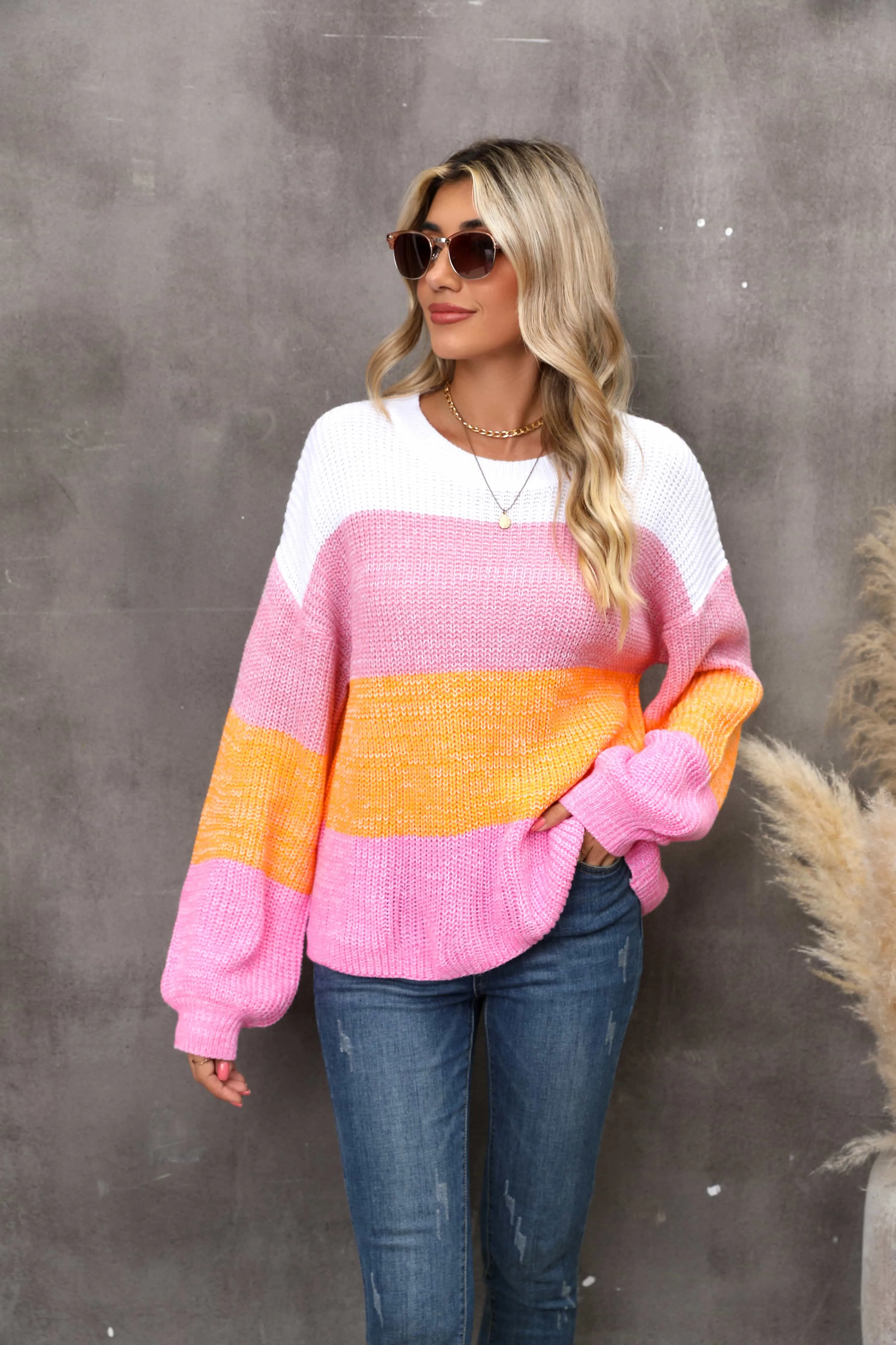 Color Block Round Neck Dropped Shoulder Sweater