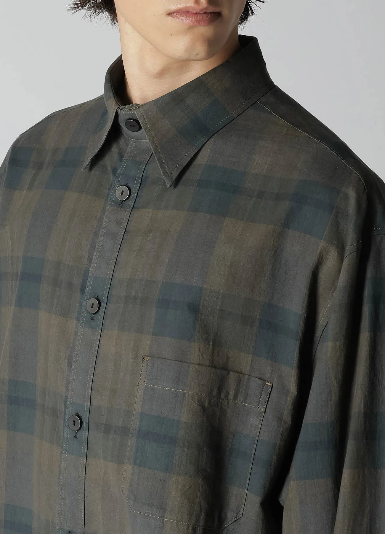 COTTON LINEN PLAID SHIRT WITH LAYERED COLLAR