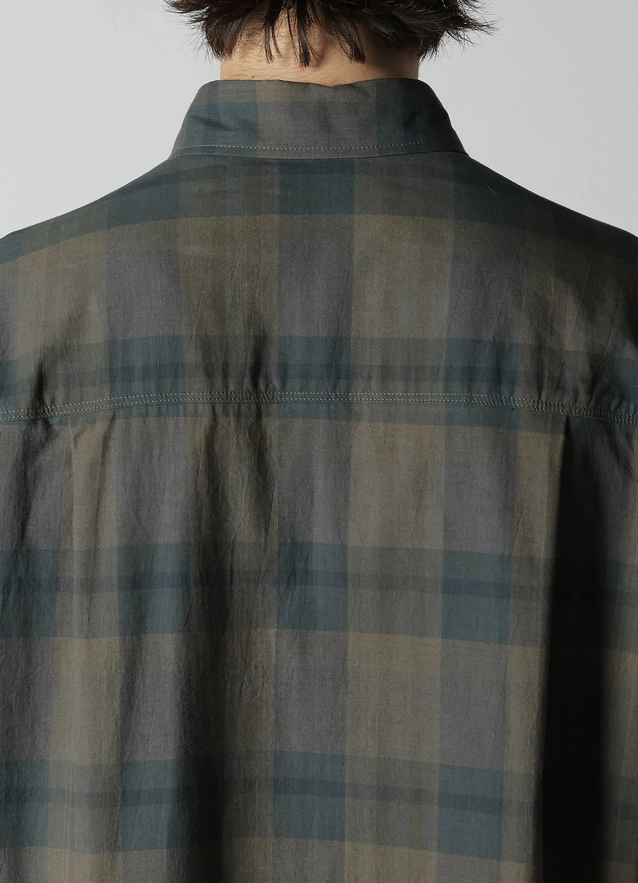 COTTON LINEN PLAID SHIRT WITH LAYERED COLLAR