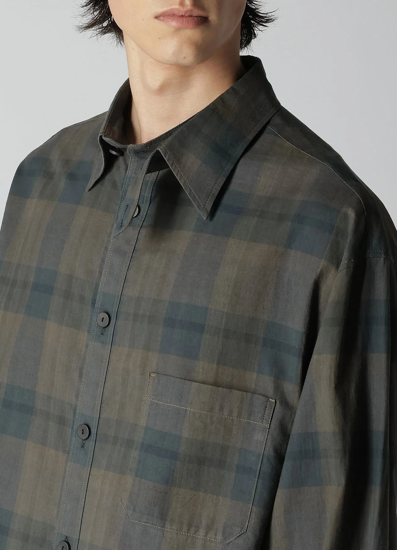 COTTON LINEN PLAID SHIRT WITH LAYERED COLLAR