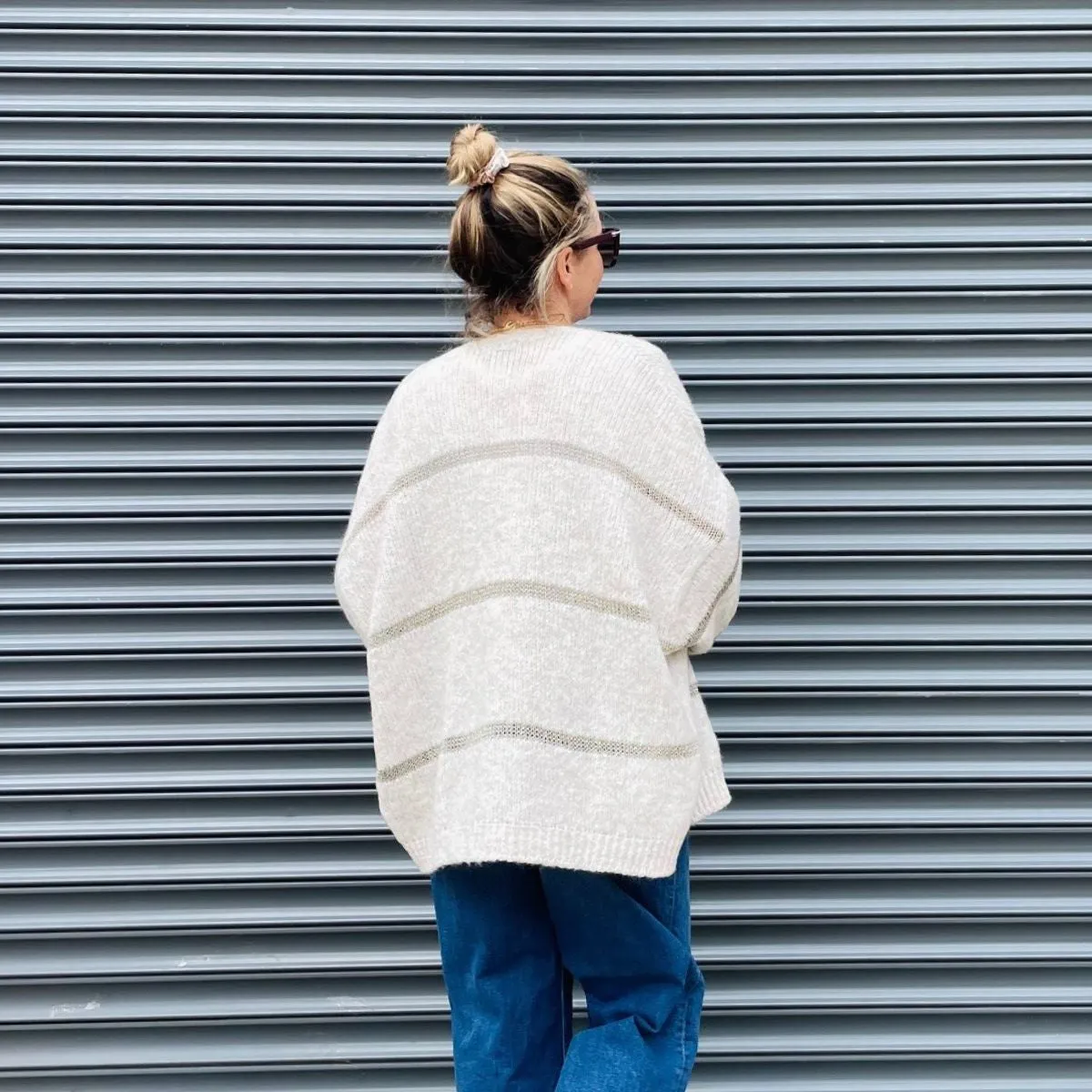 Cream Disco Cardigan With Metallic Stripe - ONE SIZE