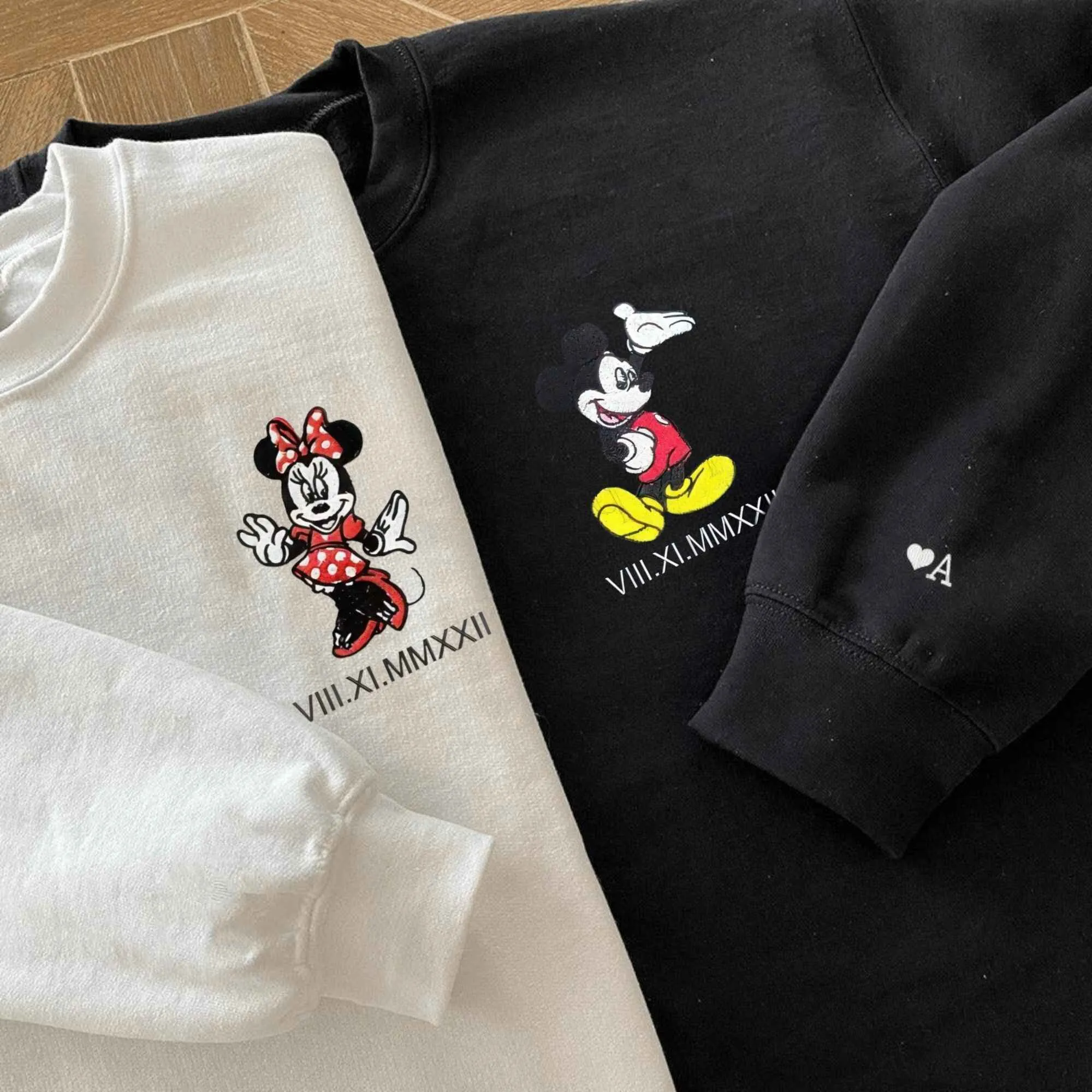 Custom Embroidered Cartoon Mouse Couple Matching Hoodies | Personalized Roman Numeral Date