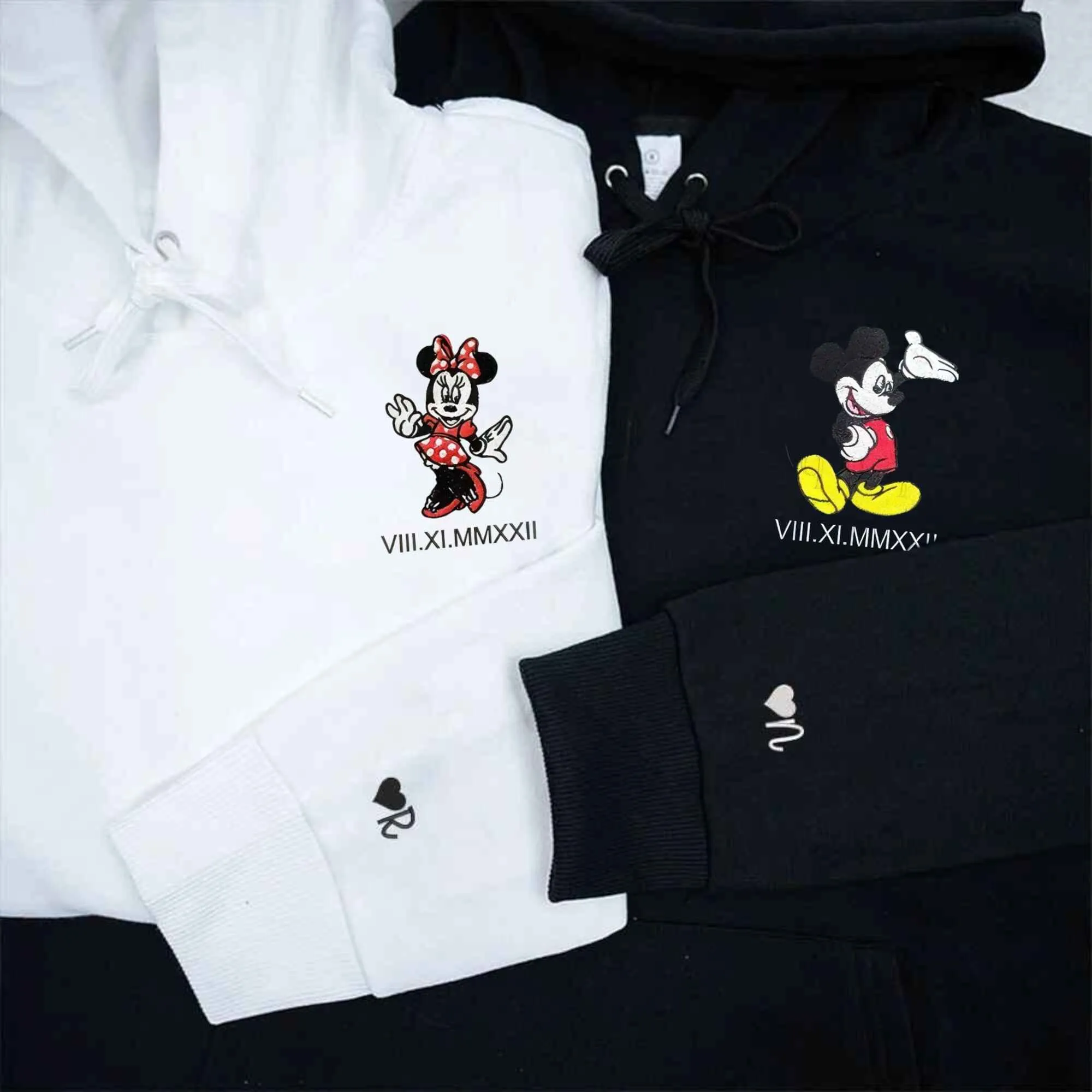 Custom Embroidered Cartoon Mouse Couple Matching Hoodies | Personalized Roman Numeral Date