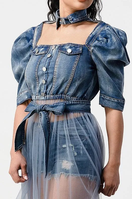 DENIM HALF JACKET WITH TULLE DETAIL