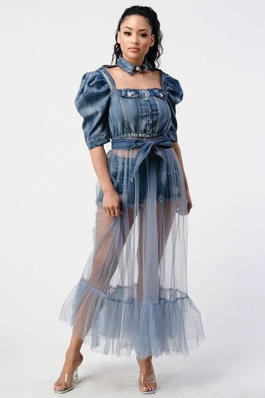 DENIM HALF JACKET WITH TULLE DETAIL