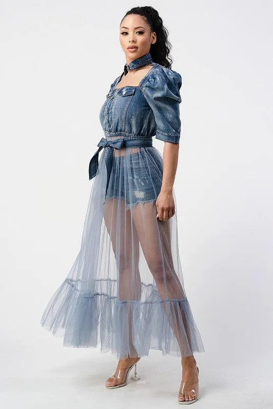 DENIM HALF JACKET WITH TULLE DETAIL