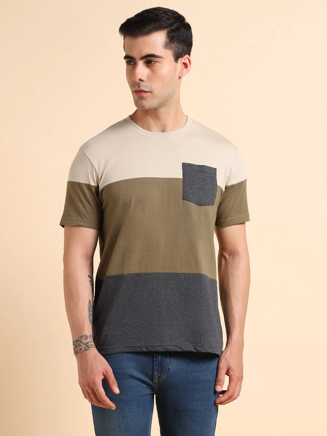 Dennis Lingo Colourblocked Pure Cotton Slim Fit T-shirt