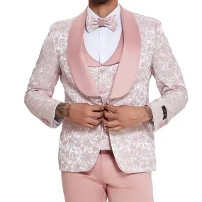 Elegant Blush Pink Paisley Tuxedo Suit with Satin Accents - Perfect for Prom & Wedding Seasons