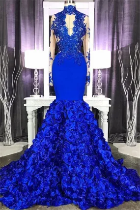 Elegant Long Sleeves Lace Appliques Prom Party Gowns on Sale Fit and Flare Royal Blue Floral Prom Party Gowns with Keyhole