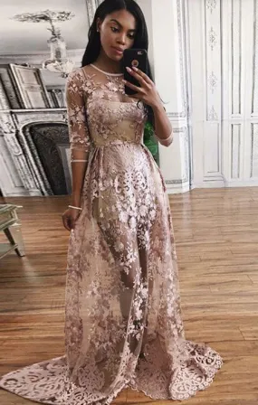 fashion prom party dresses with appliques, chic blush evening gowns with long sleeves for special occasion