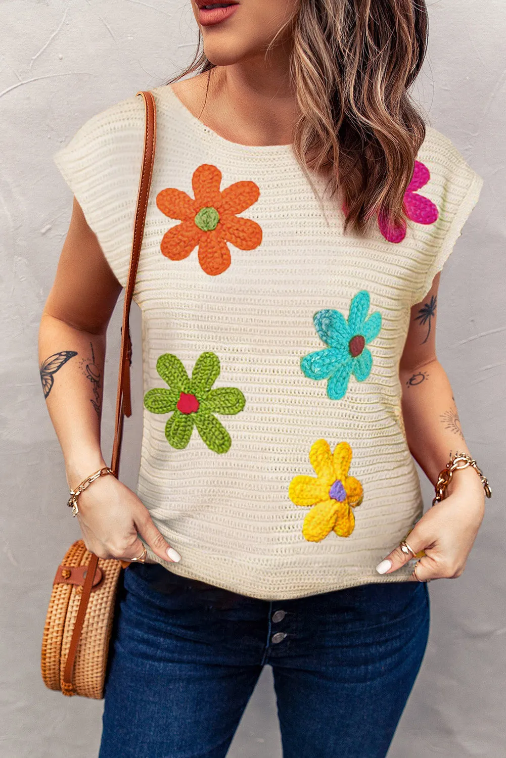 Flower Crochet Round Neck Knitted Top