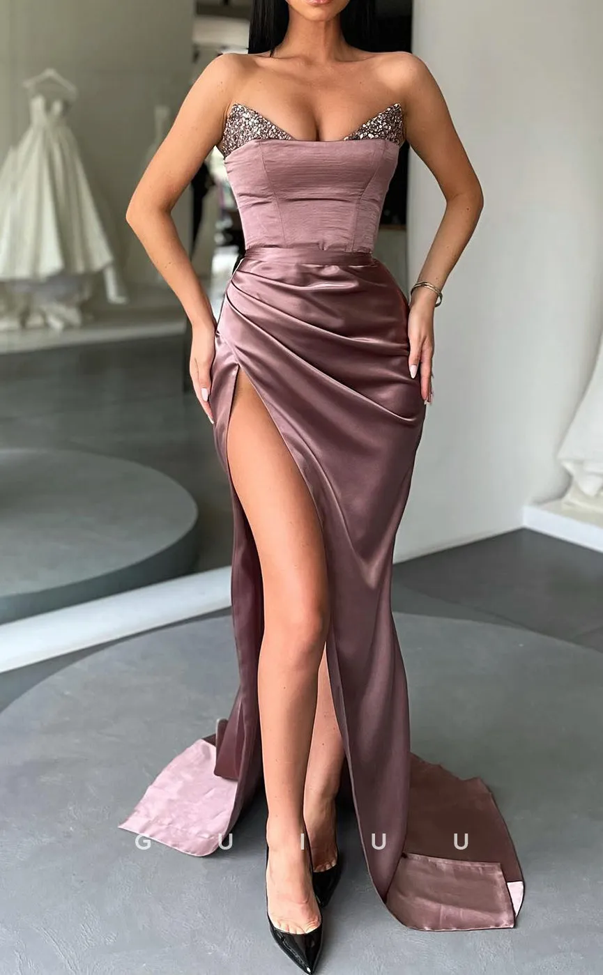 G2581 - Chic & Modern Strapless Sequins Ruched Long Prom Evening Dresses With Slit