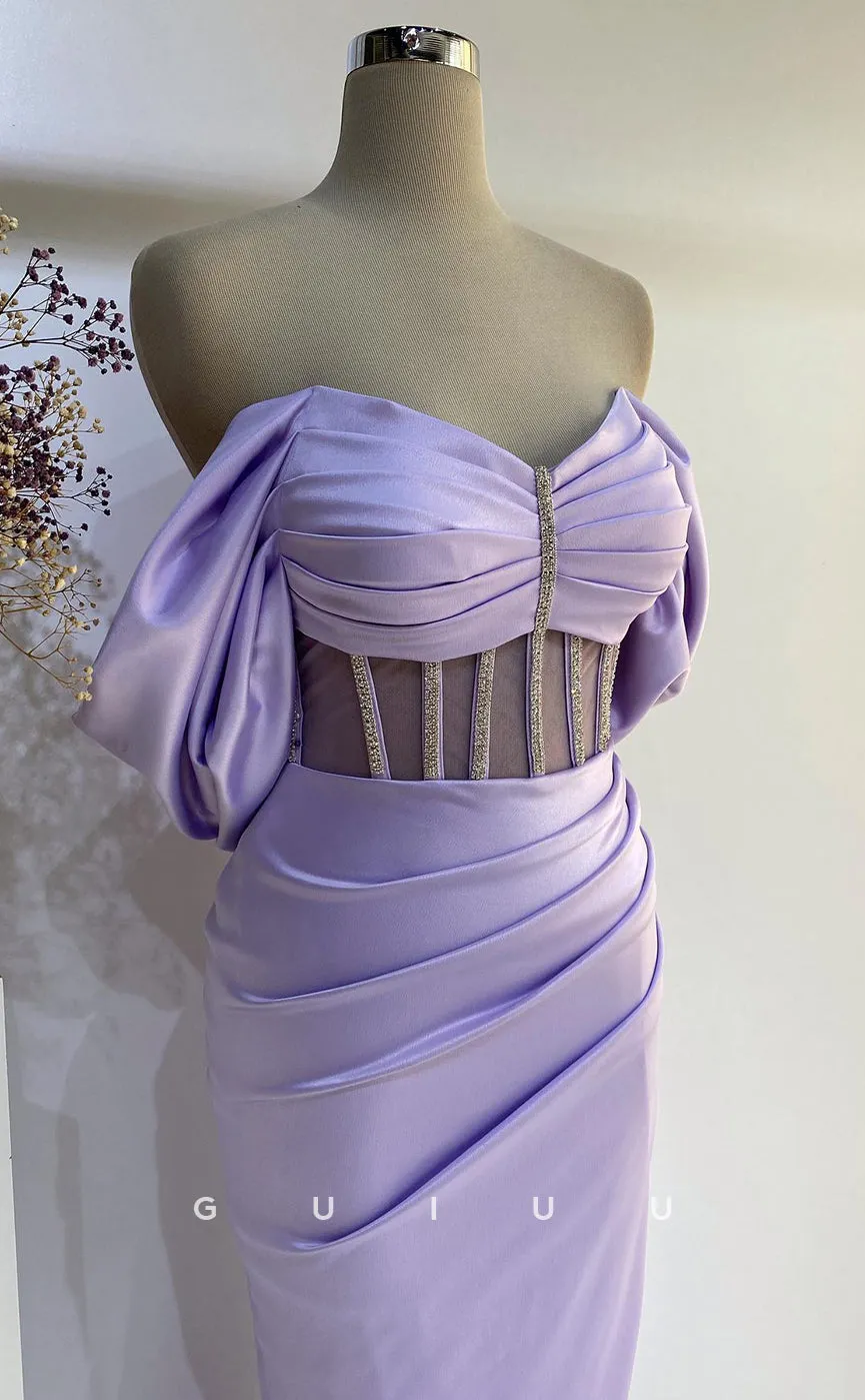 G2729 - Chic & Modern Off-Shoulder Ruched Beaded Lavender Porm Evening Dress