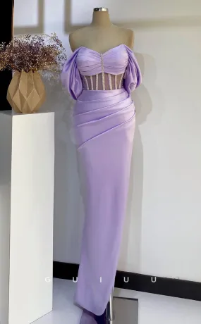 G2729 - Chic & Modern Off-Shoulder Ruched Beaded Lavender Porm Evening Dress