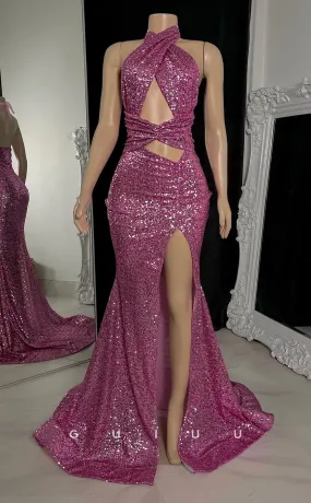 G2759 - Chic & Modern Fitted Glitter Sequins Halter Long Night Prom Evening Dress