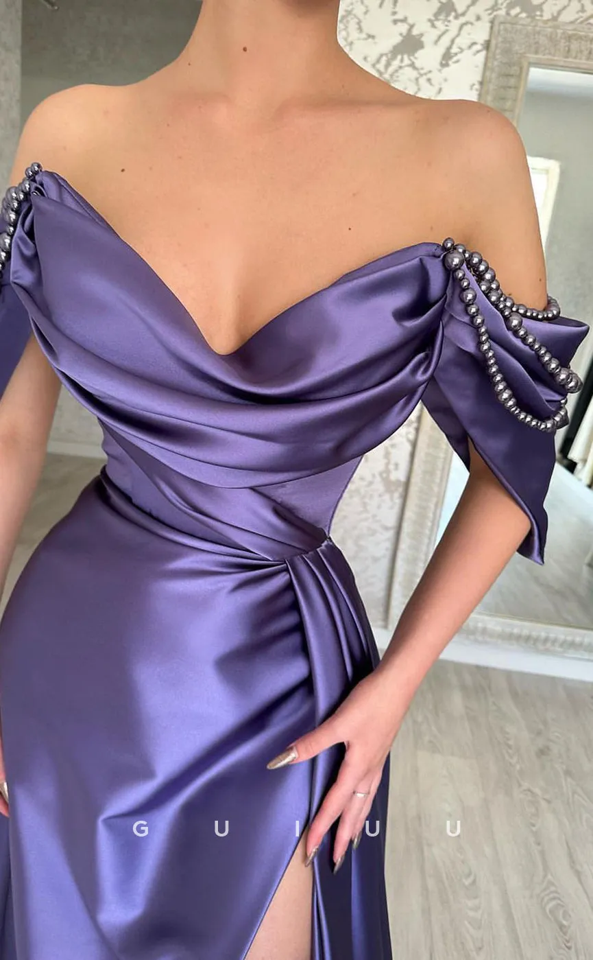 G2882 - Chic & Modern Off-Shoulder Satin Pleats Bead-Fringed Prom Formal Dress