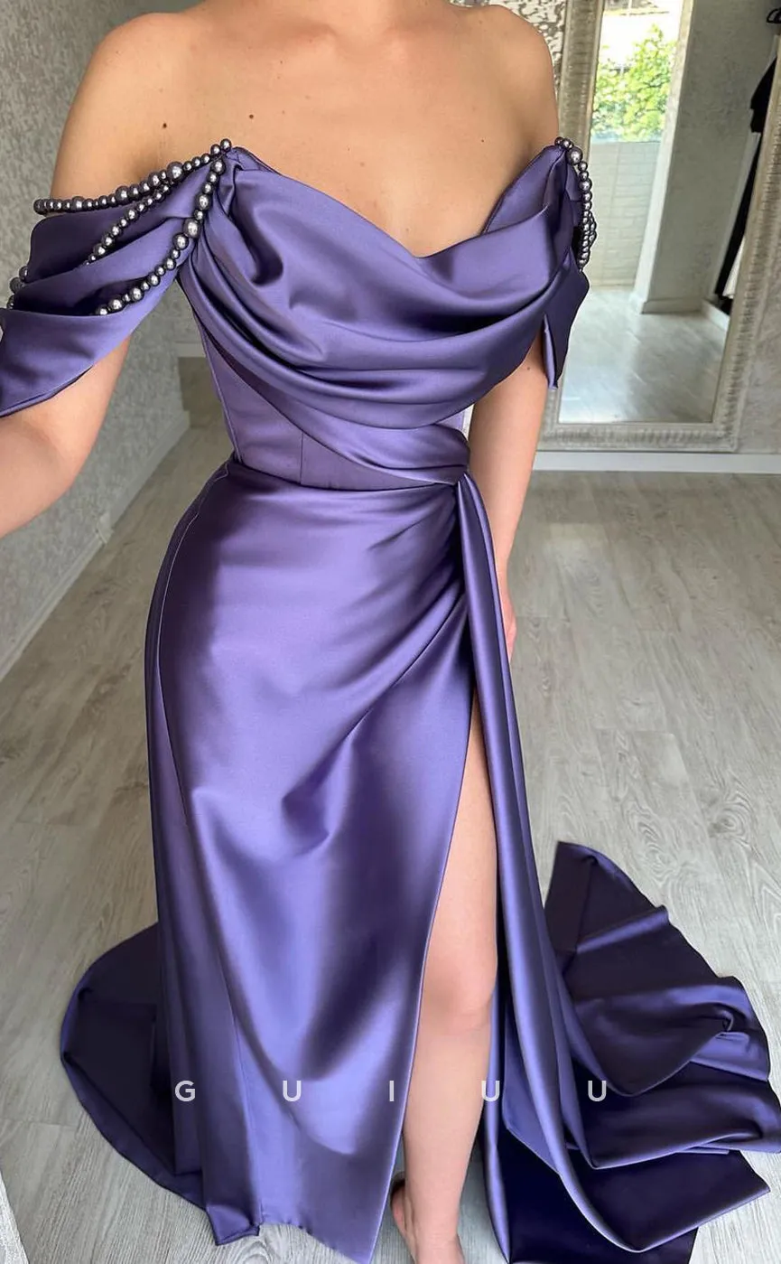 G2882 - Chic & Modern Off-Shoulder Satin Pleats Bead-Fringed Prom Formal Dress