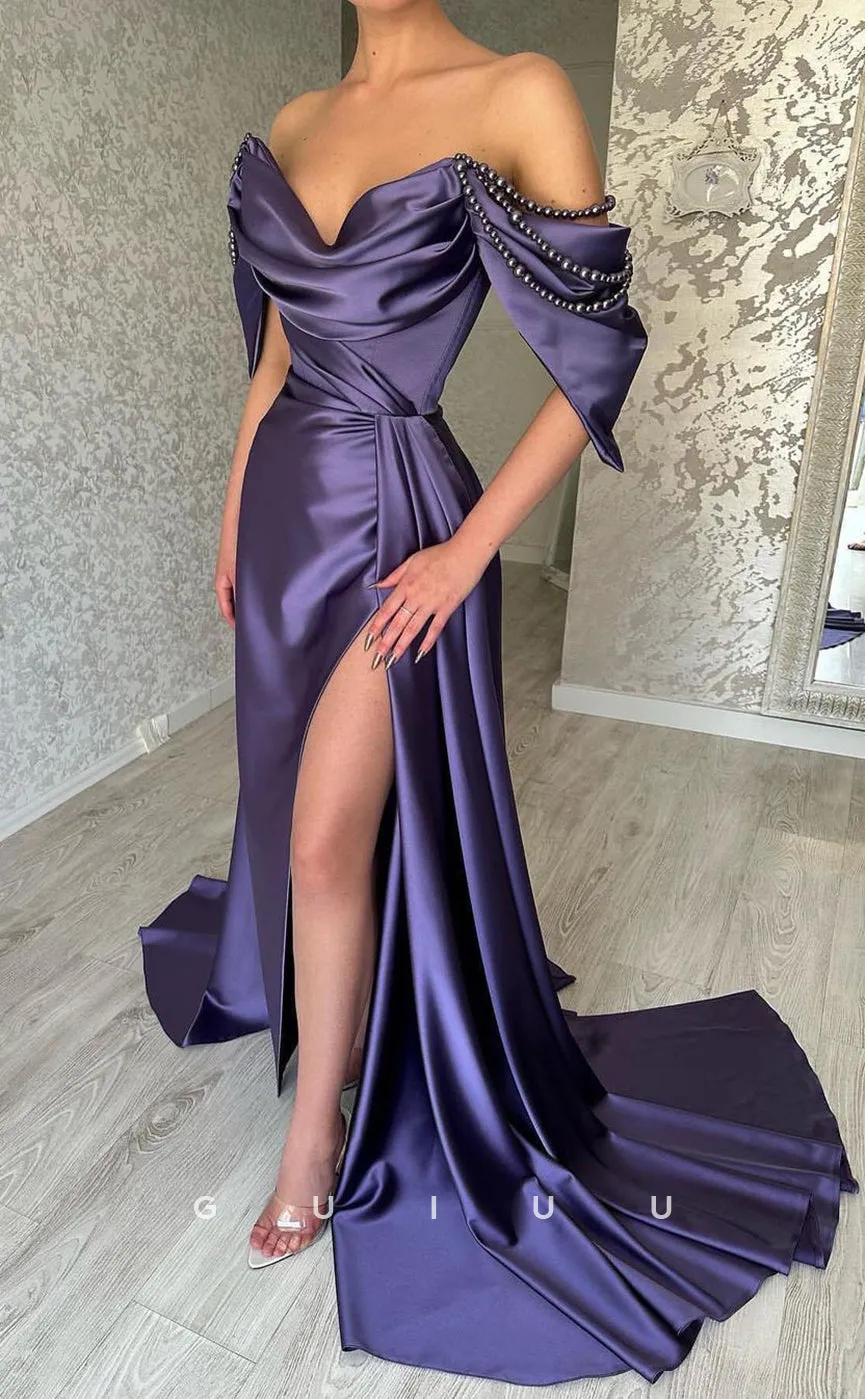 G2882 - Chic & Modern Off-Shoulder Satin Pleats Bead-Fringed Prom Formal Dress