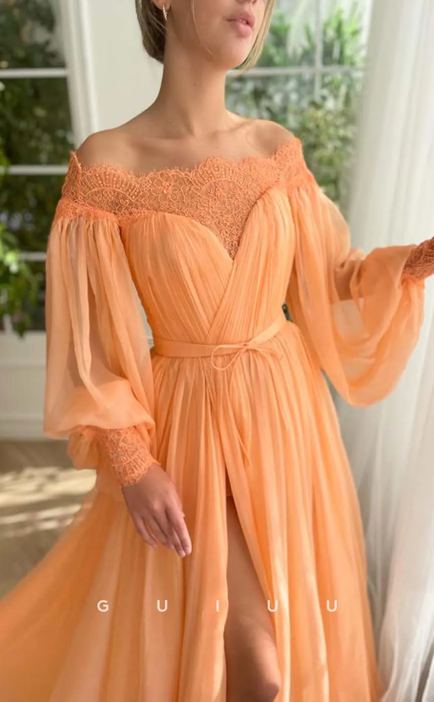 G3188 - A-Line Lace Off-Shoulder Tulle Long Sleeves Formal Prom Dresses