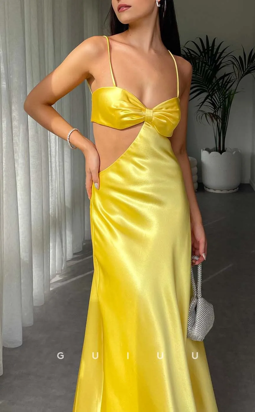 G3223 - Chic & Modern Sweetheart Bow Straps Yellow Long Formal Prom Dresses