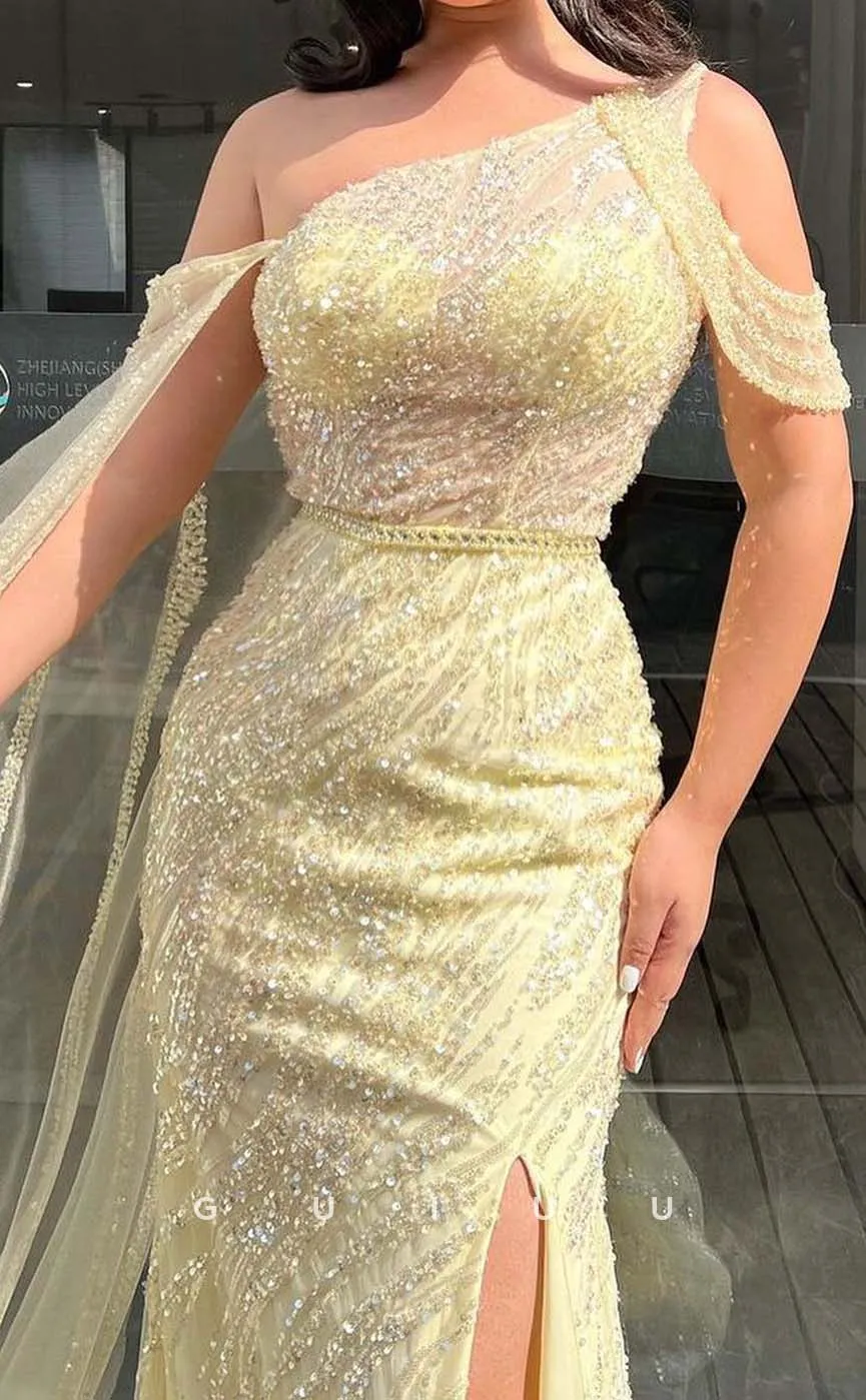 G3274 - Elegant & Luxurious Sequins One Shoulder Shawl Long Party Prom Evening Dresses