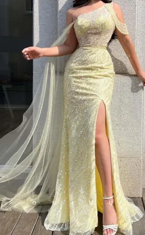 G3274 - Elegant & Luxurious Sequins One Shoulder Shawl Long Party Prom Evening Dresses