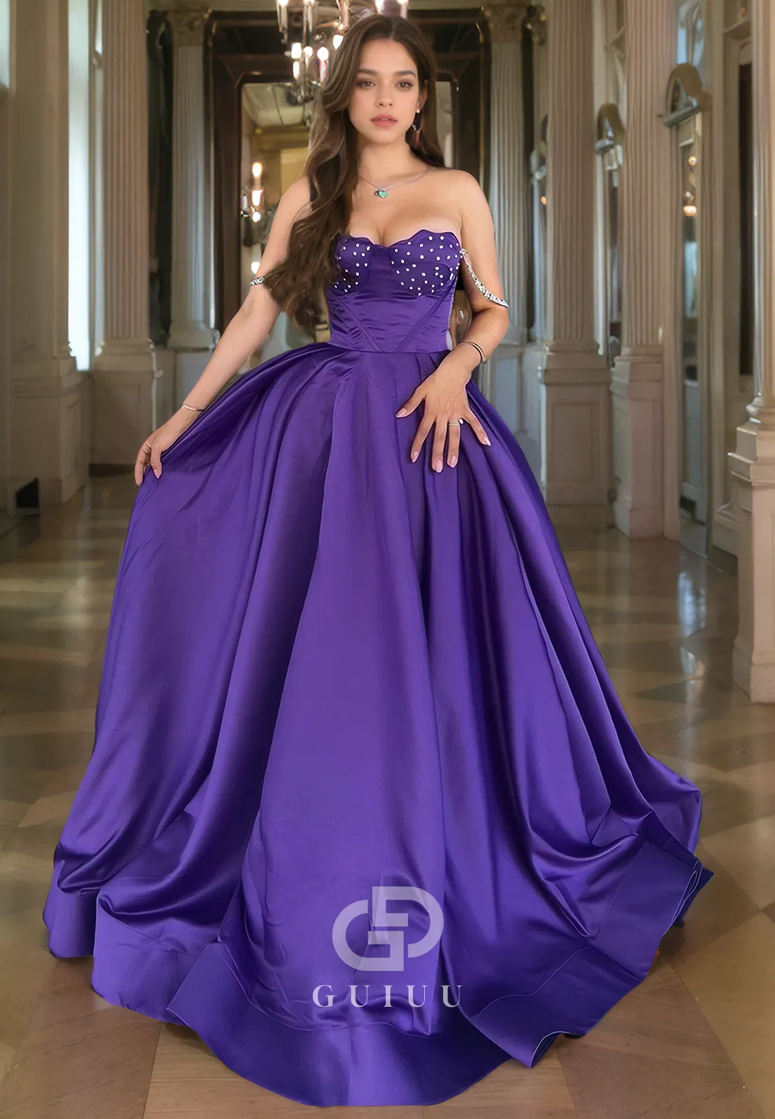 G3297 - Chic & Modern A-Line Beaded Off-Shoulder Purple Party Prom Evening Dresses