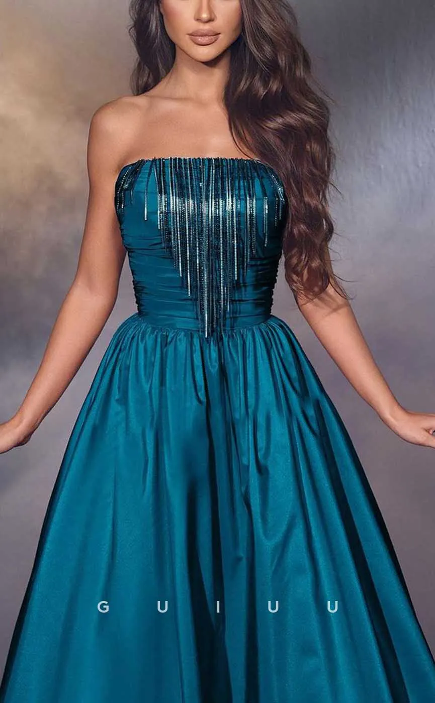 G4334 - Chic & Modern A-Line Strapless Beaded and Ruched Evening Party Prom Dress