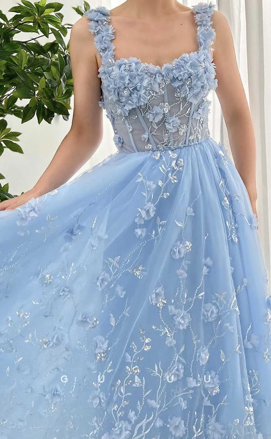 G4447 - Chic & Casual A-Line Tulle Appliques Pleats Prom Evening Gown with Flower Straps