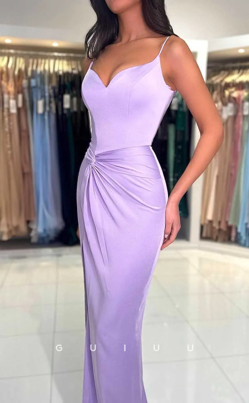 G4502 - Sexy & Hot Column Sheath V Neck Straps Ruched Prom Party Dress with Slit