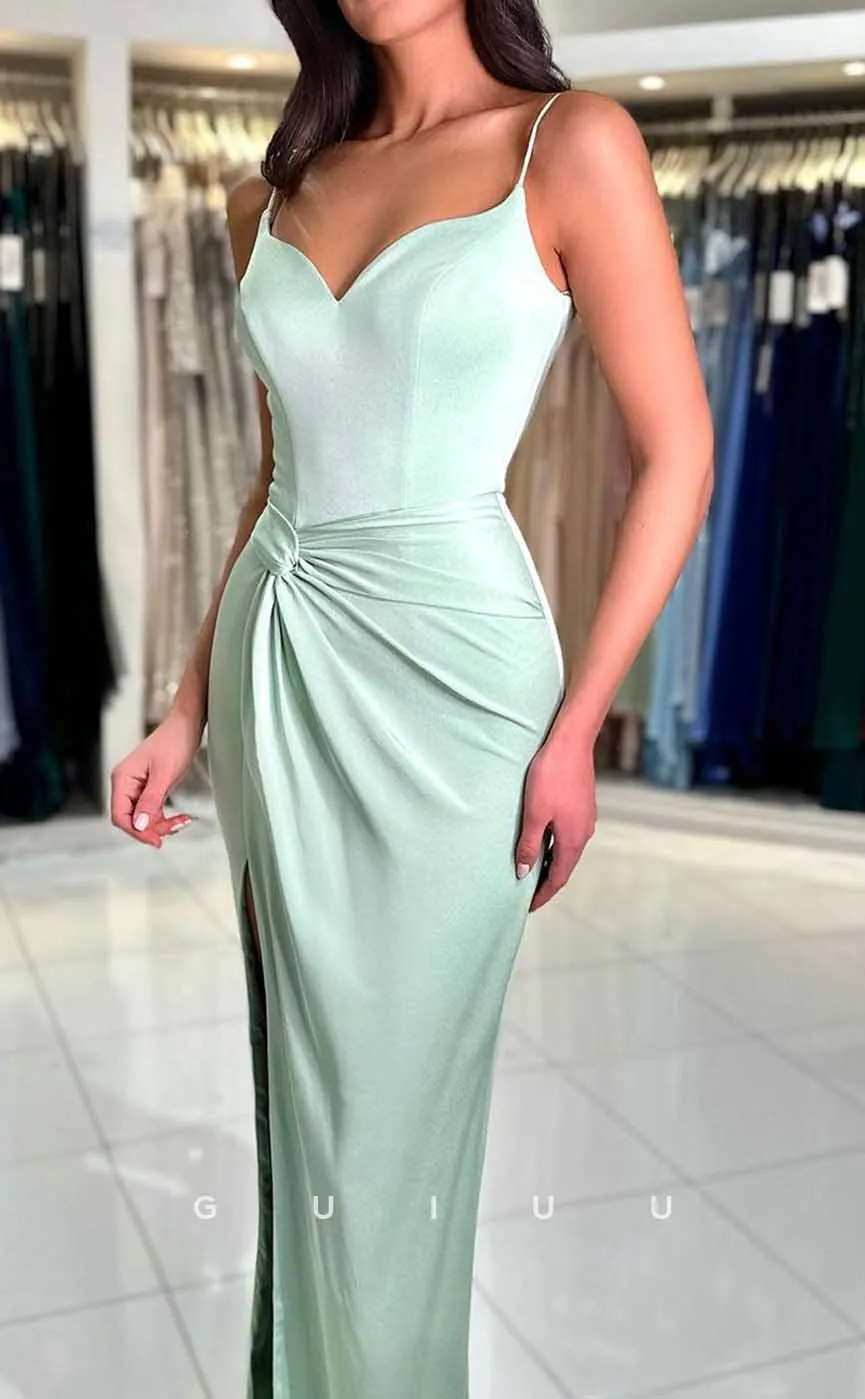 G4502 - Sexy & Hot Column Sheath V Neck Straps Ruched Prom Party Dress with Slit