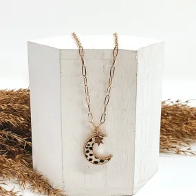 Gold Paperclip Chain Necklace with Moon Pendant and Star Charm in White Dotted Print